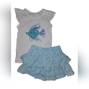 Gymboree White Top with Blue Fish Graphic and Light Blue Floral Skirt